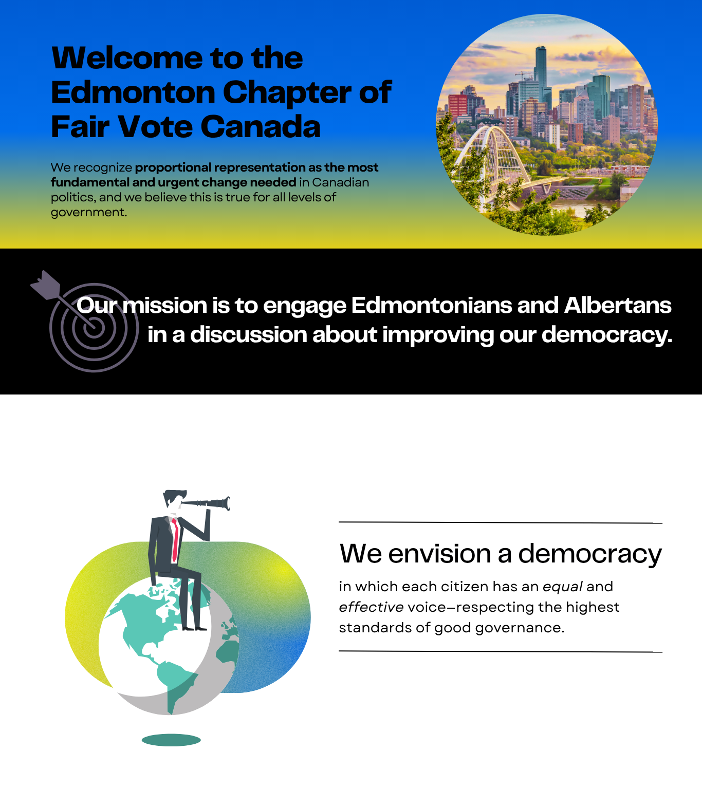 Graphic welcoming viewers to the Edmonton Chapter of Fair Vote Canada, emphasizing the importance of proportional representation in Canadian politics, with a city skyline and an abstract globe illustration.