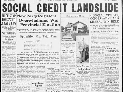 Newspaper clipping from the Calgary Herald reporting on the Social Credit Landslide win in Alberta